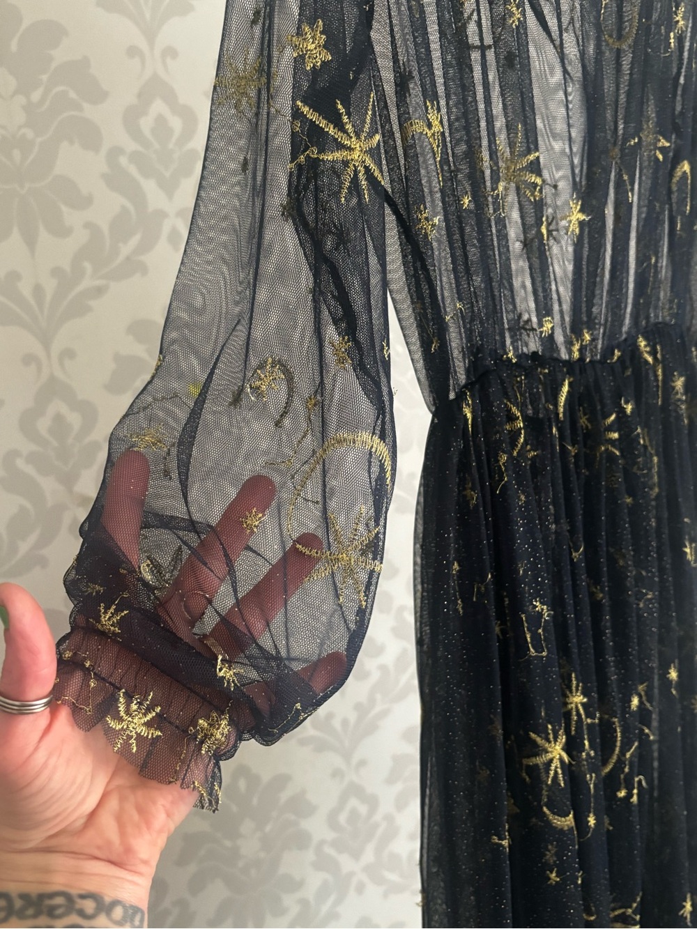 Youmu Navy Sheer Mesh Midi Dress with Gold Celestial Embroidery - Picture 4 of 8